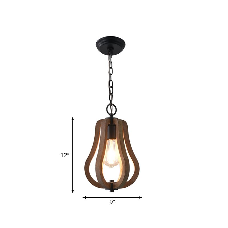 Caged Distressed Wood Hanging Pendant Light Country 1 Head Dining Room Suspension Lighting