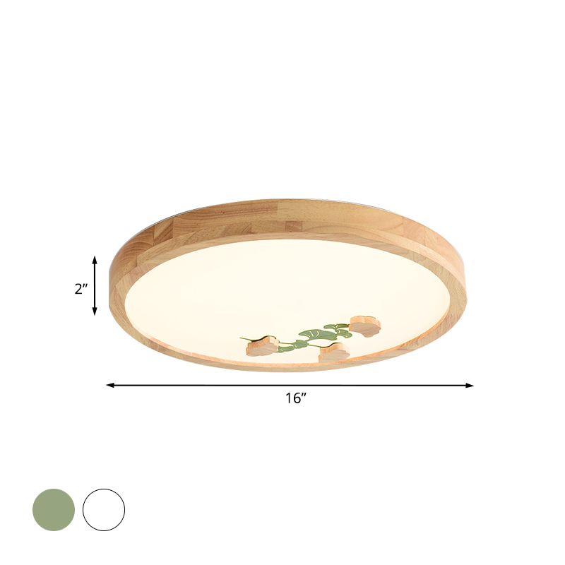 Circle Ceiling Mounted Lamp Simple Wood LED Bedroom Flushmount Light with White/Green Ginkgo Leaf Pattern