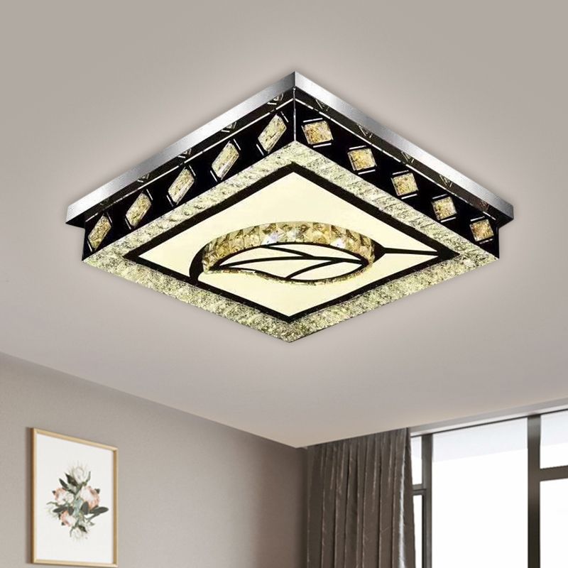 Square Flush Light Fixture Modern Clear Crystal Living Room LED Ceiling Lamp in Nickel with Leaf/Cubic Pattern