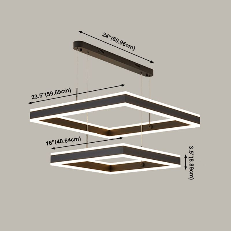 Square LED Chandelier Modern 2-Layer Hanging Pendant Lights with White Acrylic Shade