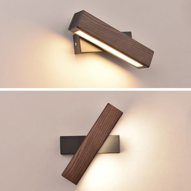 Log Color LED Wall Sconce in Modern Concise Style Wrought Iron Rectangular Rotatable Wall Lamp with Wooden Shade