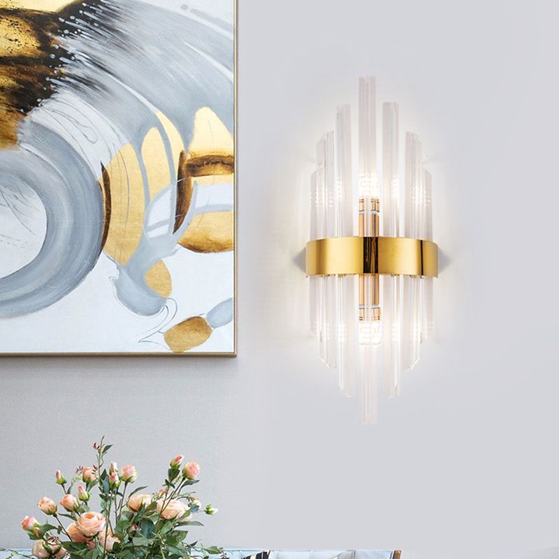 2 Lights Living Room Wall Sconce Lighting Simplicity Brass Wall Mount Light Fixture with Linear Crystal Shade