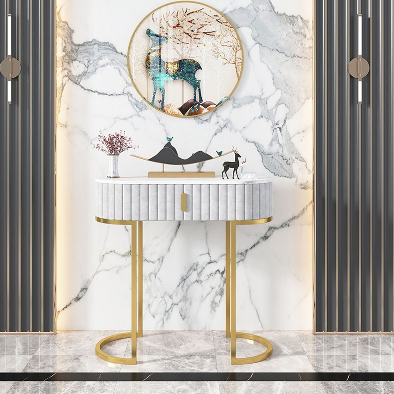 Glam Oval Console Accent Table Antique Finish Sofa Console Table in Marble