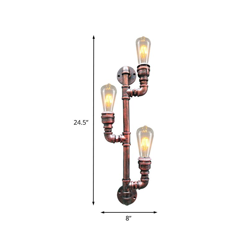 Metal Rust Finish Sconce Lighting Branch 3 Heads Vintage Wall Mount Pipe Lamp for Corner