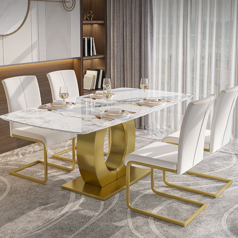 Luxury Sintered Stone Dining Table Rectangle White Table with Metal Pedestal in Gold