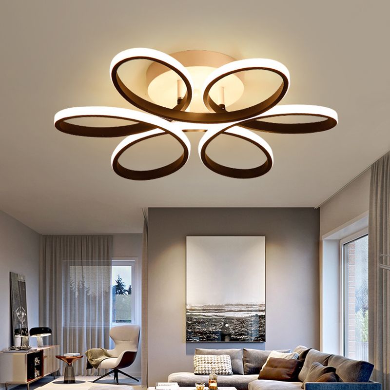 Floral Metal Flush Light Fixture Modern LED Black Semi Flush Ceiling Light for Bedroom