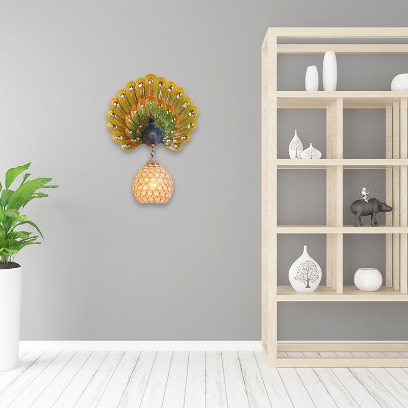 Retro Stylish Global Wall Light Sconce Clear Crystal 1 Light Wall Lamp with Peacock Backplate in Silver/White