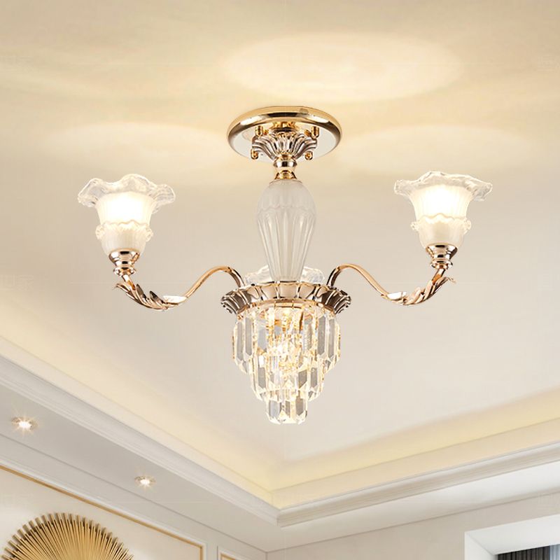 Bellflower Frosted Glass Semi-Flush Light Modern 3/6-Bulb Bedroom Ceiling Mount Chandelier with Crystal Bottom in Gold
