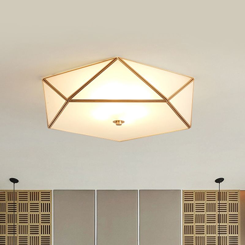 Beveled Box Hotel Flush Mount Frosted White Glass Single Post-Modern Ceiling Light in Gold, 14"/18" Width