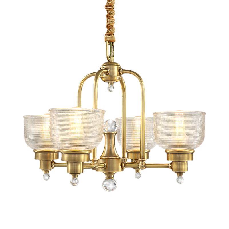 Prismatic Glass Gold Hanging Chandelier Bowl Shade 4/6-Light Colonialist Metal Suspension Pendant Light for Kitchen