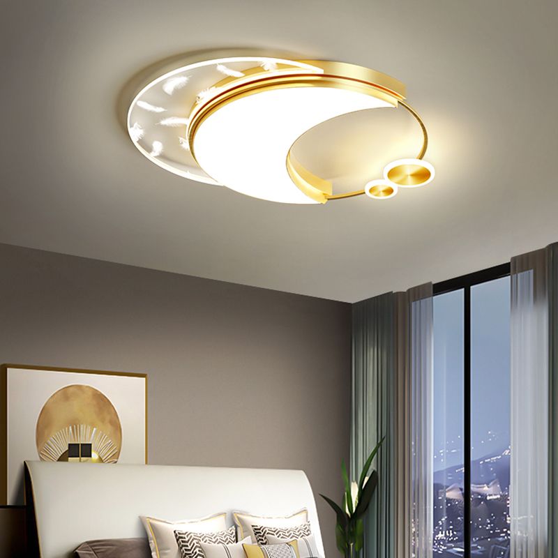 Modern Creative Feather LED Semi Flush Mount Circular Wrought Iron Ceiling Light with Acrylic Shade