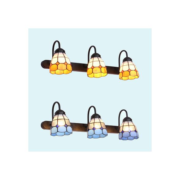 Grid Patterned Vanity Lighting Tiffany Blue/Yellow Glass 3 Heads Antique Brass Wall Mounted Light