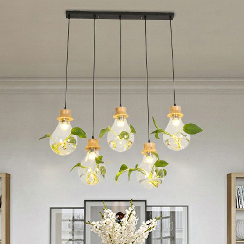 Hydroponic Plant Pendant Lamp Nordic Teardrop Shaped Clear Glass Suspension Light in Black