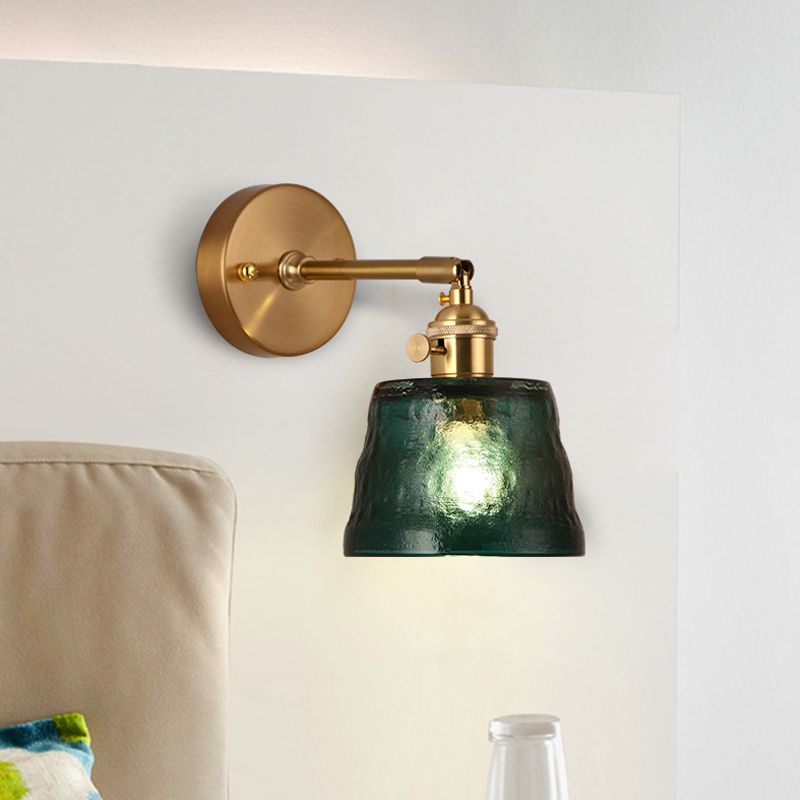 Brass Single Bulb Wall Sconce Antiqued Green Dimpled Glass Conical Adjustable Wall Lighting