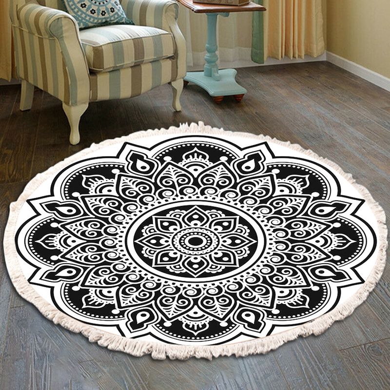 Round Black Tone Moroccan Area Carpet Cotton Concentric Circles Indoor Rug Washable Carpet for Living Room