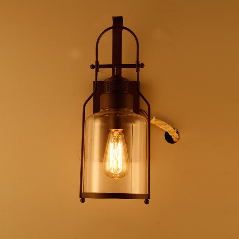 Cylindrical Clear Glass Wall Hanging Light Rustic 1 Head Kitchen Wall Mounted Lamp with Mesh Top in Black