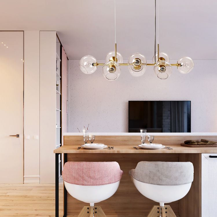 Lumières de l'île sphérique de style contemporain Verre transparent 8-Light Island Pendants Lights