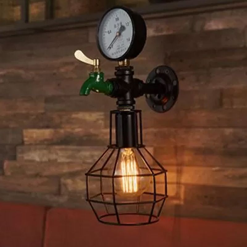 1-Light Water-Tap Wall Light Industrial Black and Green Metal Wall Mounted Lamp with Gauge and Cage