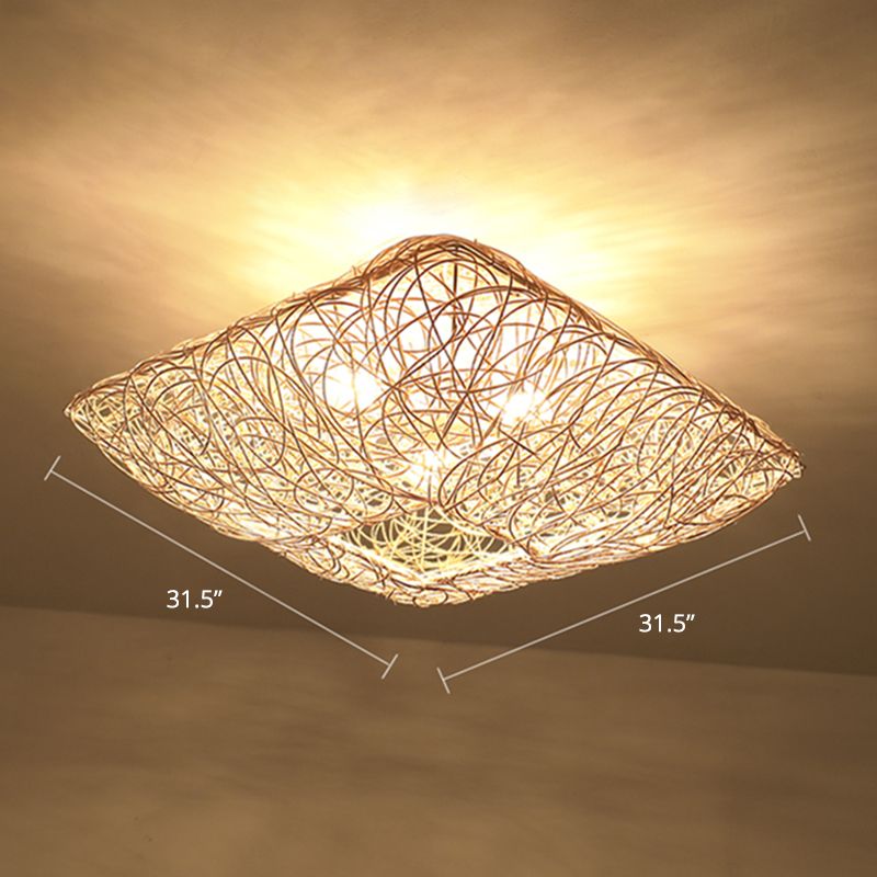 Rattan Square Ceiling Flush Mount Light Minimalist 3-Light Wood Flush Light for Bedroom