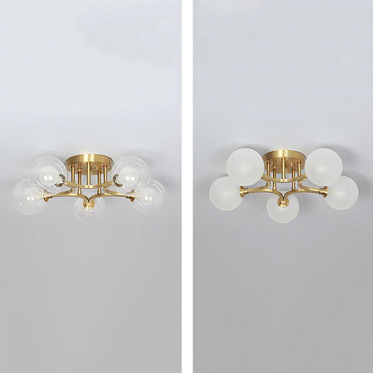 Sphere Bedroom Semi Flush Mount Light Glass Nordic Style Ceiling Light in Gold