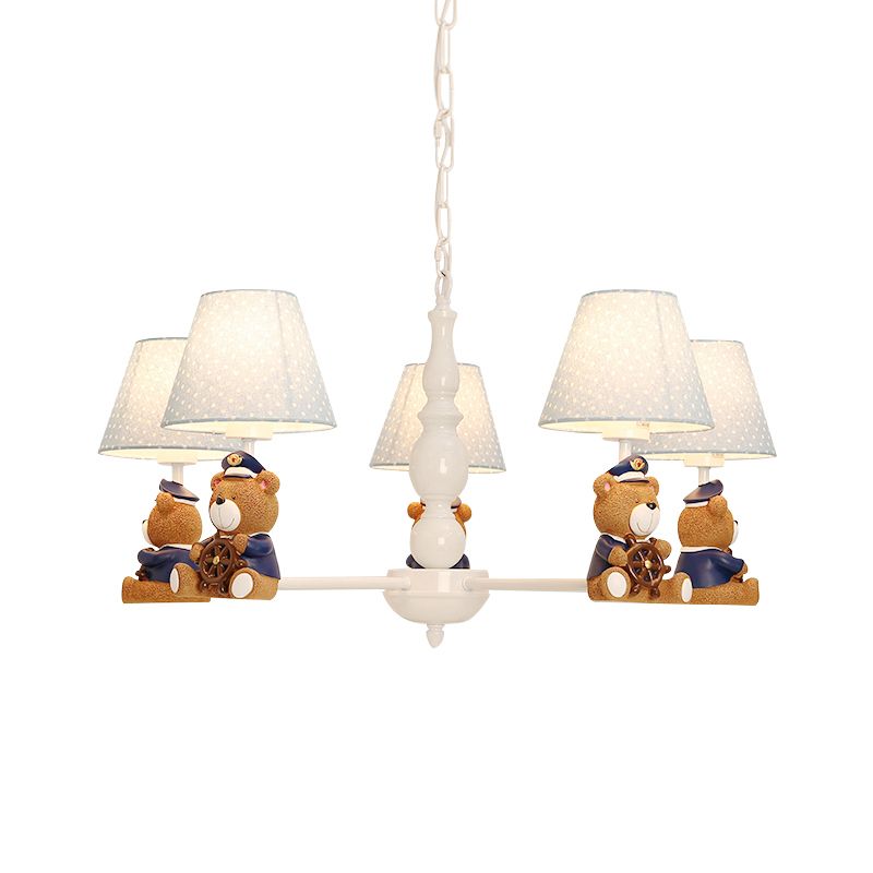 Resin Bear Ceiling Lighting Cartoon White Chandelier Light Fixture with Patterned Fabric Shade
