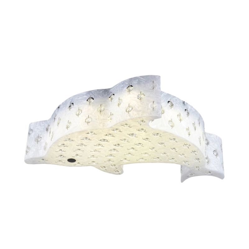 Contemporary Fish Shaped Flush Mount Pendant Light Acrylic Bedroom LED Ceiling Mount with Crystal Decoration in Blue/Pink/White