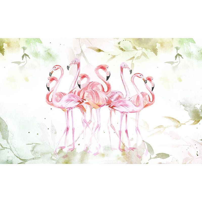 Customized Illustration Fresh Mural Wallpaper for Accent Wall with Flamingo Pattern in Pink