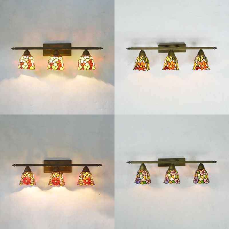 Tiffany Rustic Bell Wall Lighting Stained Glass 3 Lights Bathroom Sconce Lamp in Pink/Red/Orange/Purple