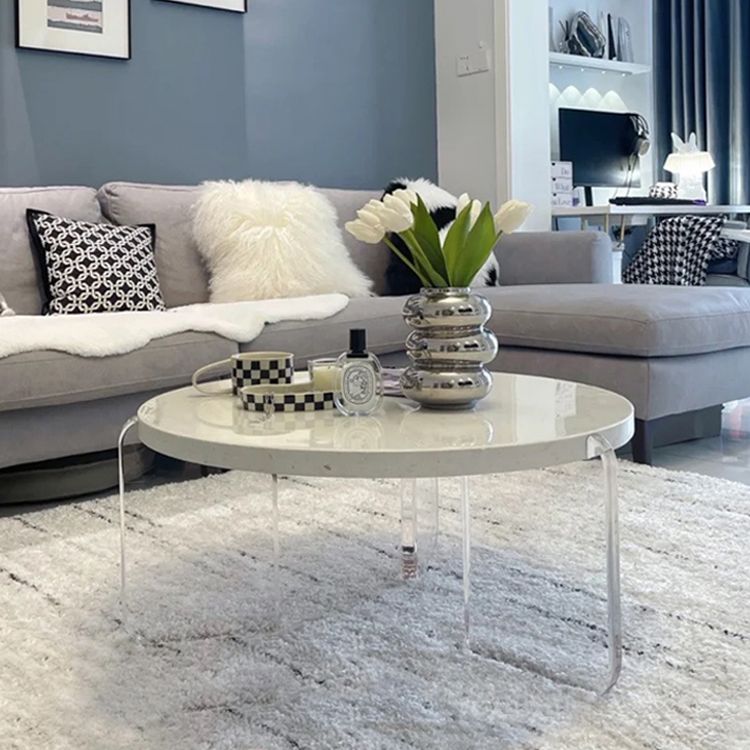 Contemporary Round Terrazzo Coffee Table in White Acrylic Legs 1 Single Cocktail Table