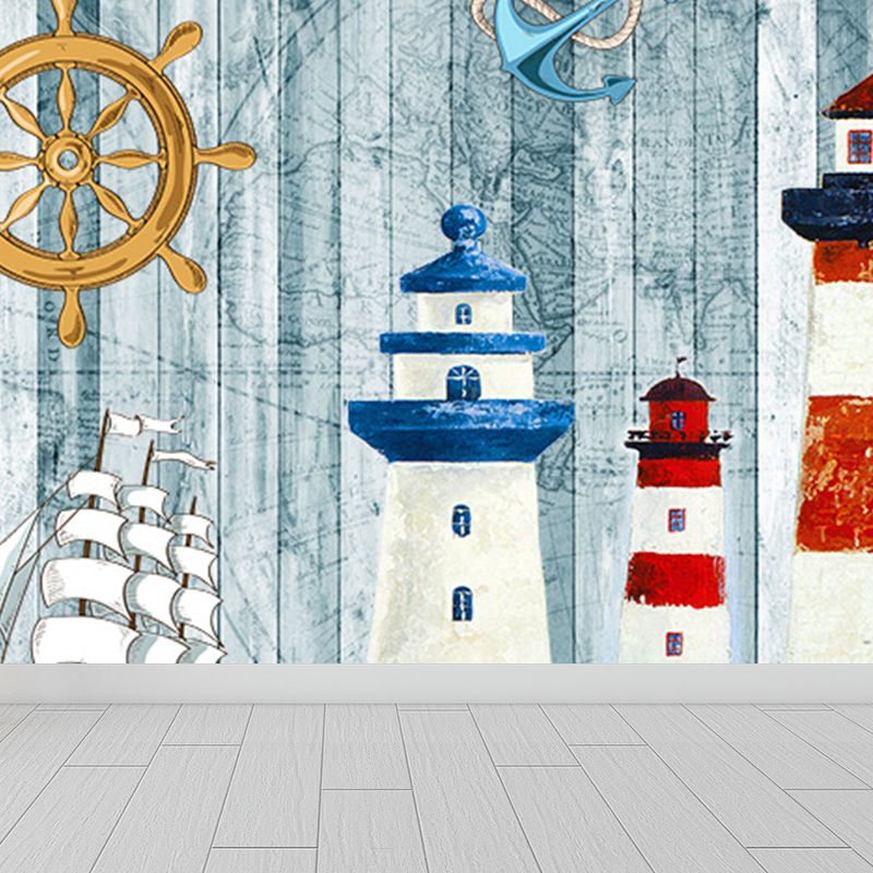 Nautical Lighthouse Mural Wallpaper Cartoon Non-Woven Cloth Wall Decor for Living Room