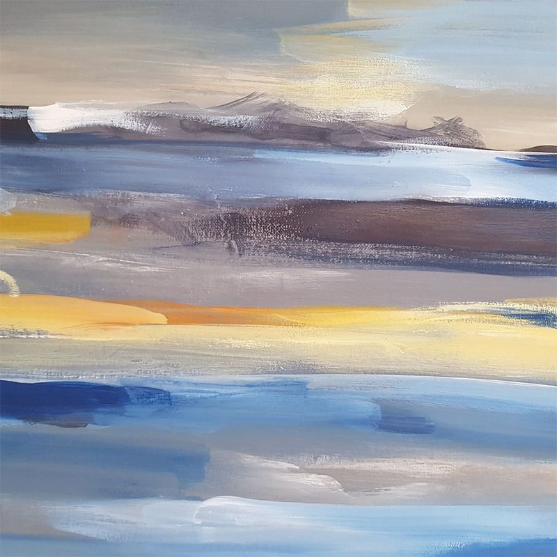 Murales con alba, cielo e mare in stile acquerello in oro e blu, decorazione murale astratta per la camera degli ospiti