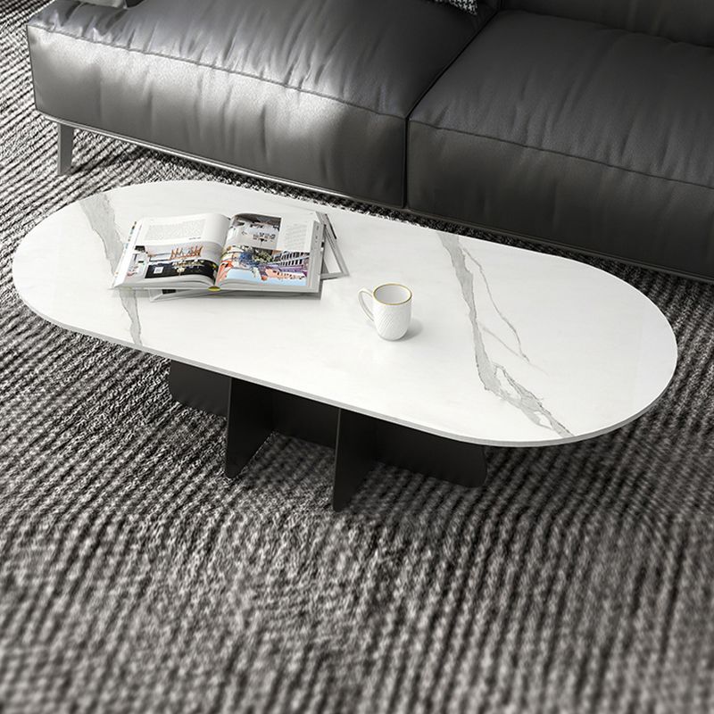 Glam Style Oval Coffee Table with Marble Top and Iron Base in Black
