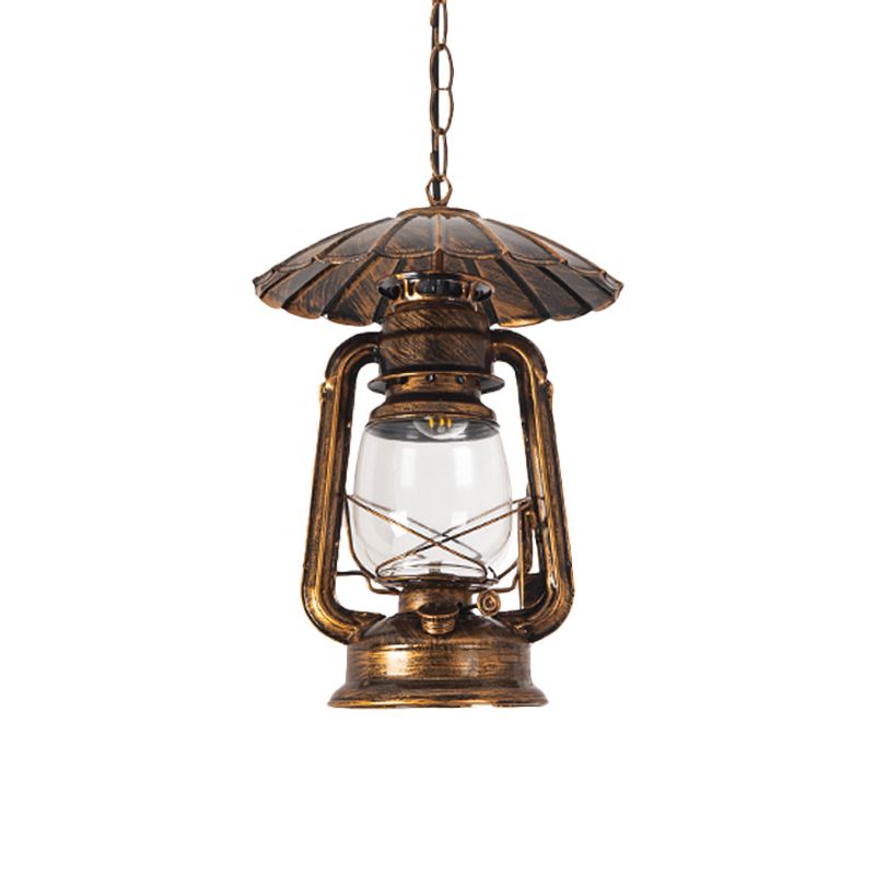 1-Head Hanging Lamp Coastal Restaurant Metal Pendant Lighting with Kerosene Clear Glass Shade in Brass/Copper