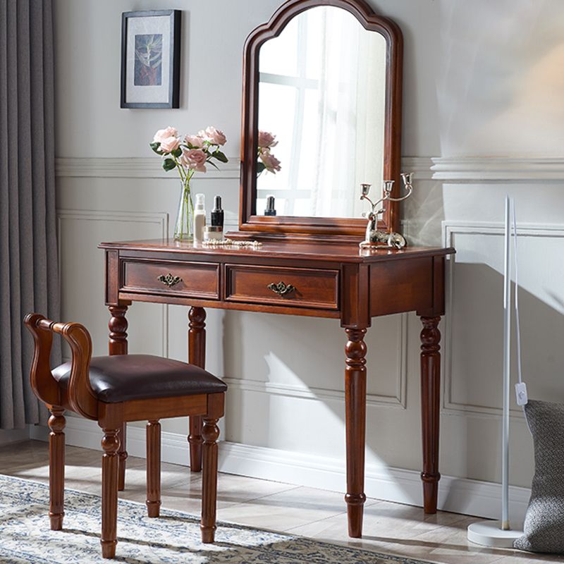 Brown Solid Wood Vanity Set with Stool Set 17.71" Wide Dresser with 2-Drawer