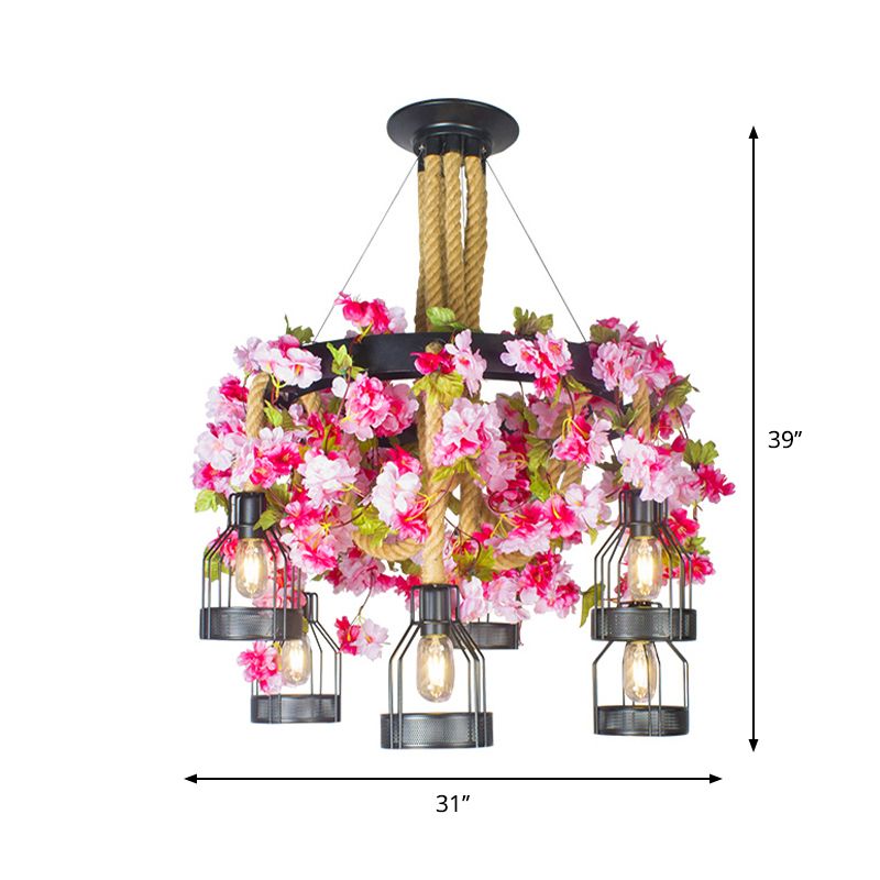 Black 6/12 Heads Chandelier Lighting Vintage Rope Wire Cage Drop Pendant with Floral Decoration