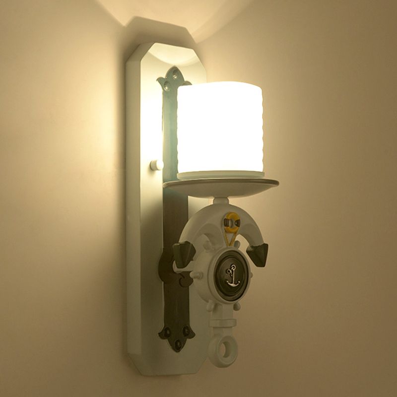 Opal Glass Cylinder Sconce Fixture Kids 1/2-Bulb Water Blue Wall Mounted Lamp with Anchor Shaped Arm