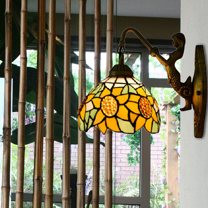 Sunflower Yellow Glass Sconce Light Tiffany 1 Head Bronze Wall Mounted Light with Mermaid Decoration