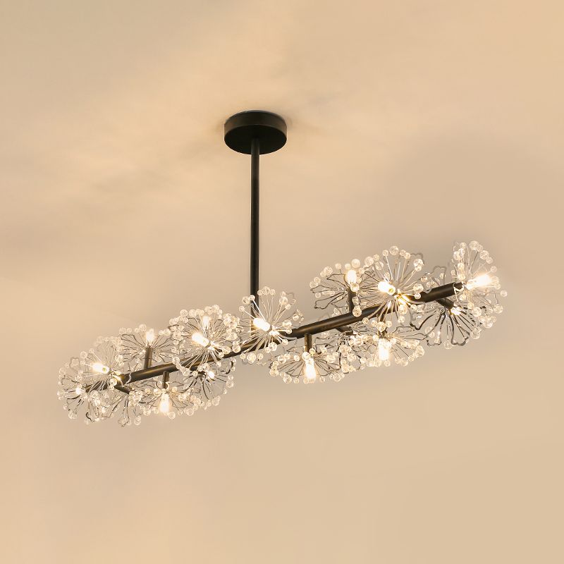 Crystal Bead Blossom Island Lamp Modern Stylish 16 Bulbs Dining Table Suspended Lighting Fixture in Black
