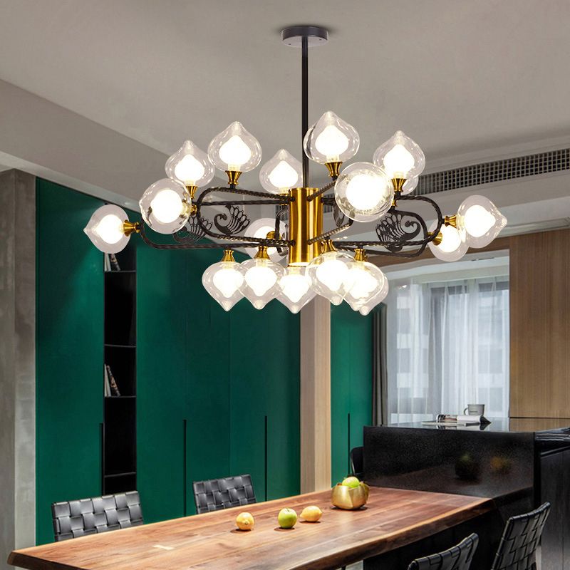 Black-Gold Peach Shaped Chandelier Postmodern 18-Bulb Clear and Frosted Glass Pendant