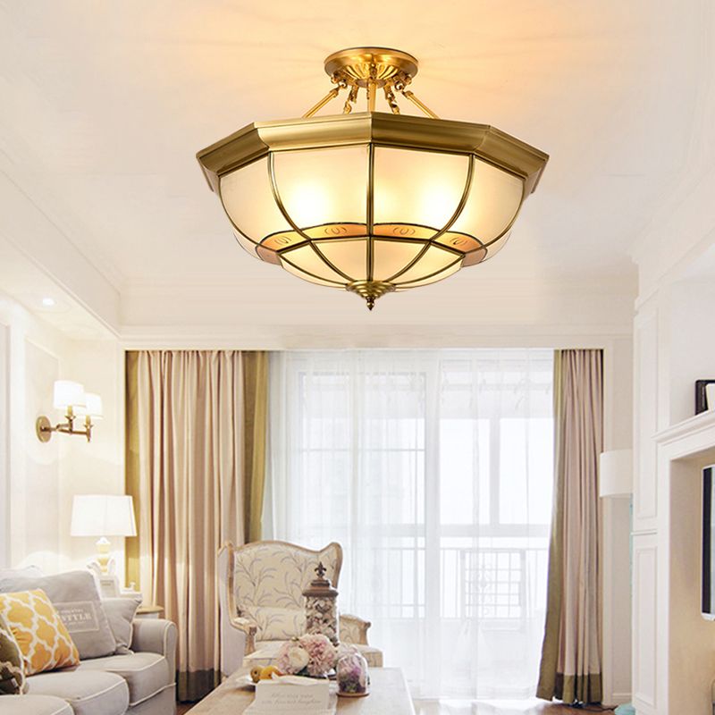 Brass 6-Light Ceiling Lighting Vintage Metal Dome Semi Flush Mount Light for Living Room