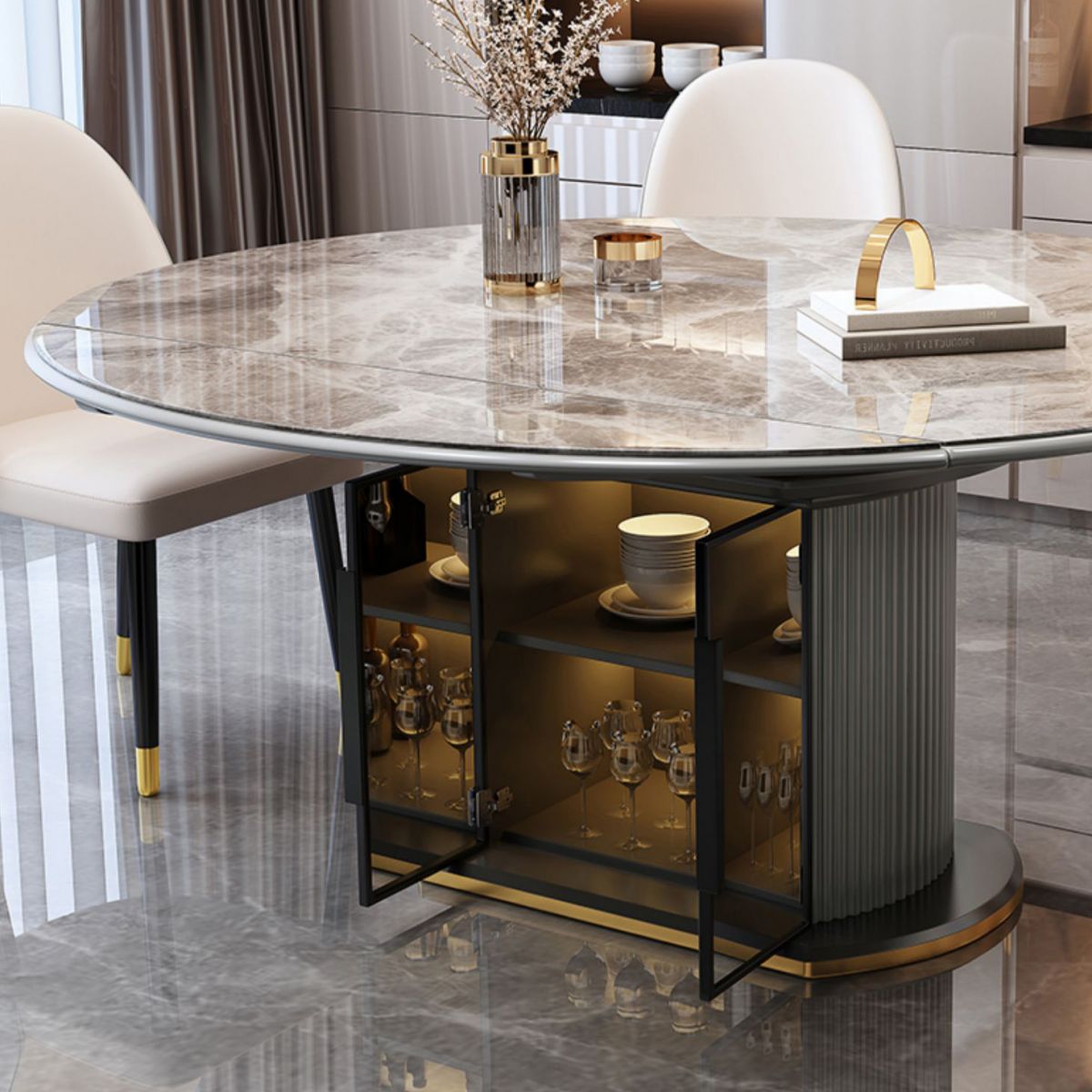 5/7 Pcs Contemporary Stone Round Shape Dinette Table with Upholstered Chair