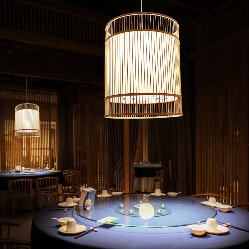 Wood Cylinder Ceiling Light Asian Style 1-Light Bamboo Hanging Light for Restaurant