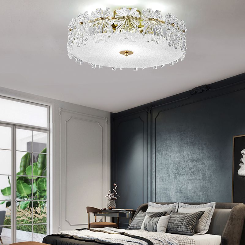 Gold Metal Flush Mount Light Fixtures Traditional Drum Semi Flush Ceiling Lamps with Glass Shade