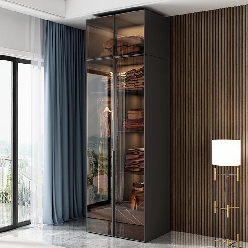 Brown Cabinet with Glass Doors Modern Hinged Door Wardrobe for Home