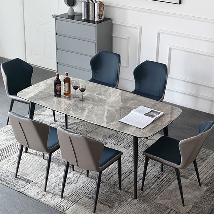Modern Sintered Stone Table Set of 5/7 with Rectangle Table Dining Set with PU Leather Chairs