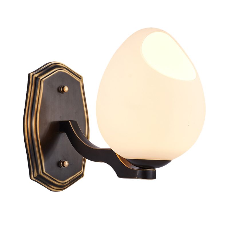 Traditionalist Egg-Like Wall Sconce Lighting 1 Light White Frosted Glass Wall Lamp in Black