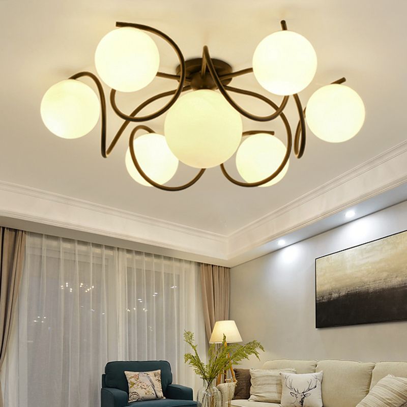 4/7 Lights Opal Glass Semi Flush Light Traditional Black/White Orb Living Room Ceiling Lighting, 22"/34" Wide