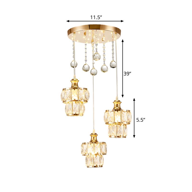 Faceted Crystal Block 2-Tier Pendulum Light Minimalist 3-Bulb Gold Finish Multi Pendant with Droplet