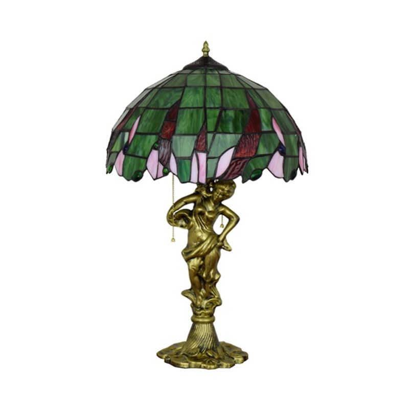 Bronze Lady Holding A Pot Table Light Tiffany 3-Light Resin Pull Chain Night Lamp with Jewel-Embellished Shade