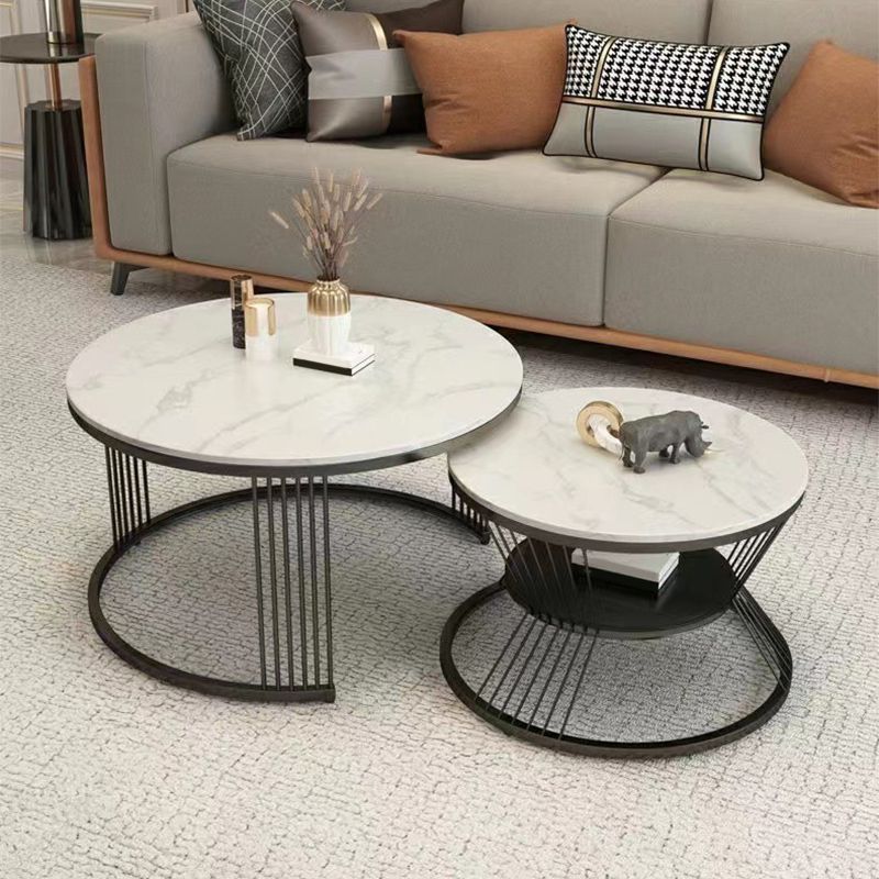 Round White Slate Coffee Table with Shelf Frame Base 2 Nestling Cocktail Table